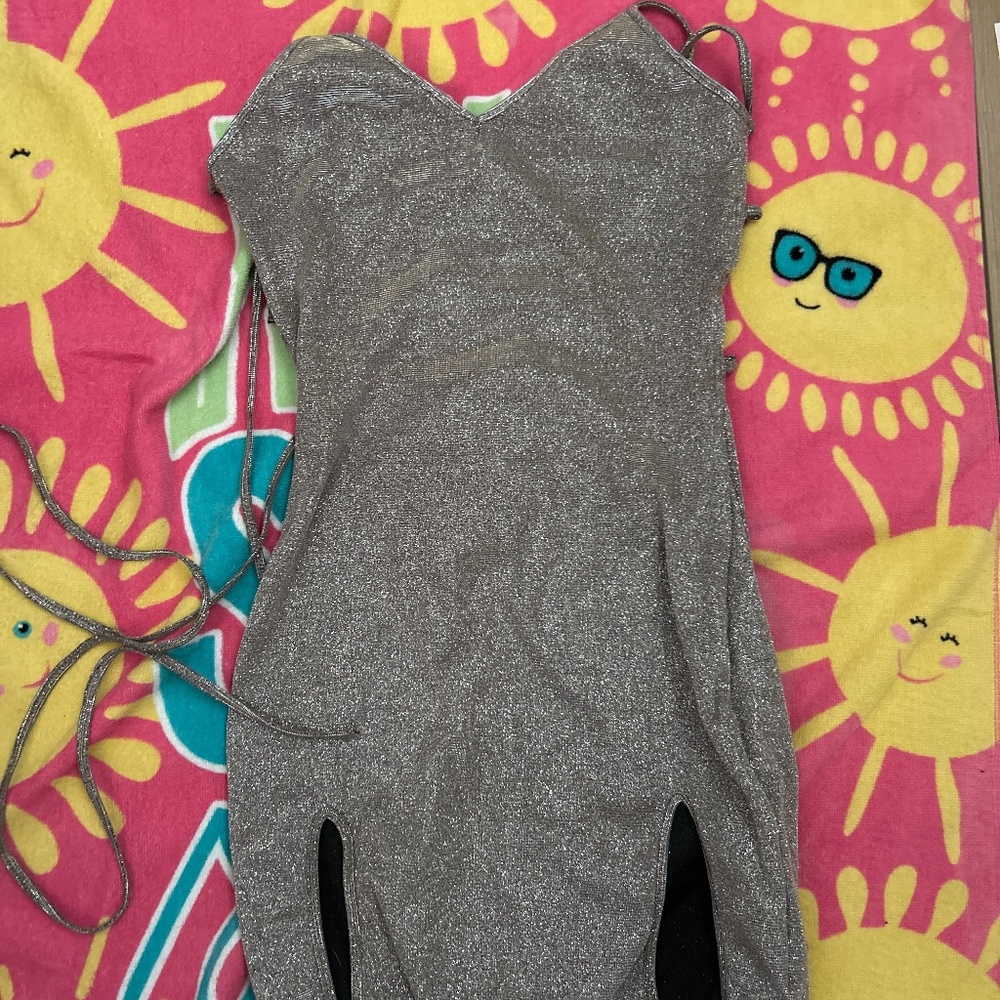 Metallic strap back mini dress